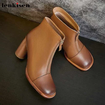 

Lenkisen elegant women leisure genuine leather shoes high heels round toe Zipper winter keep warm fashion cozy ankle boots L1f3