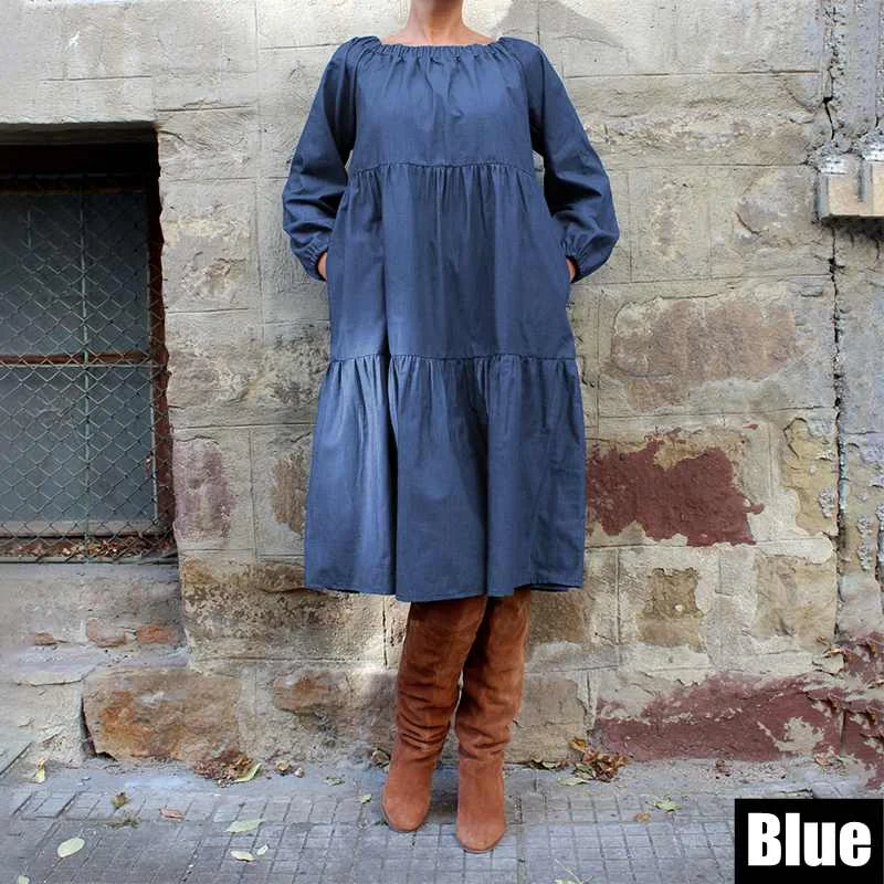 

Plus Size Denim Dress VONDA 2019 Bohemian Autumn Long Lantern Sleeve Knee-Length Dress Casual Vestido Off Shoulder Sundress 5XL