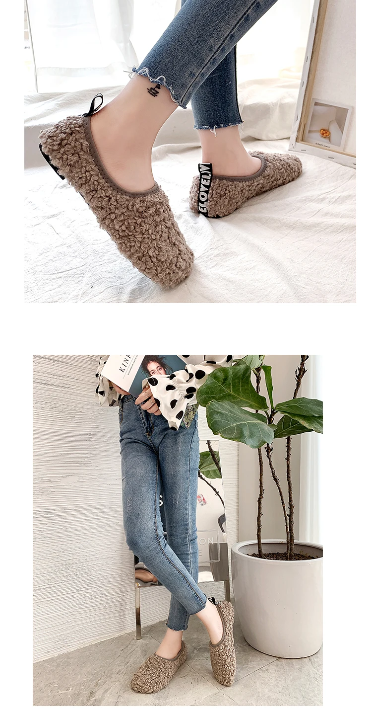 EOEODOIT/женские плоские квадртаные носки на осень и зиму; обувь из козьего меха; удобная женская обувь на плоской подошве