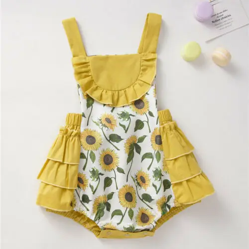 0-24M Newborn Baby Girls Romper Clothes Sunflower Printed Ruffles Sleeveless Jumpsuit Outfit | Мать и ребенок
