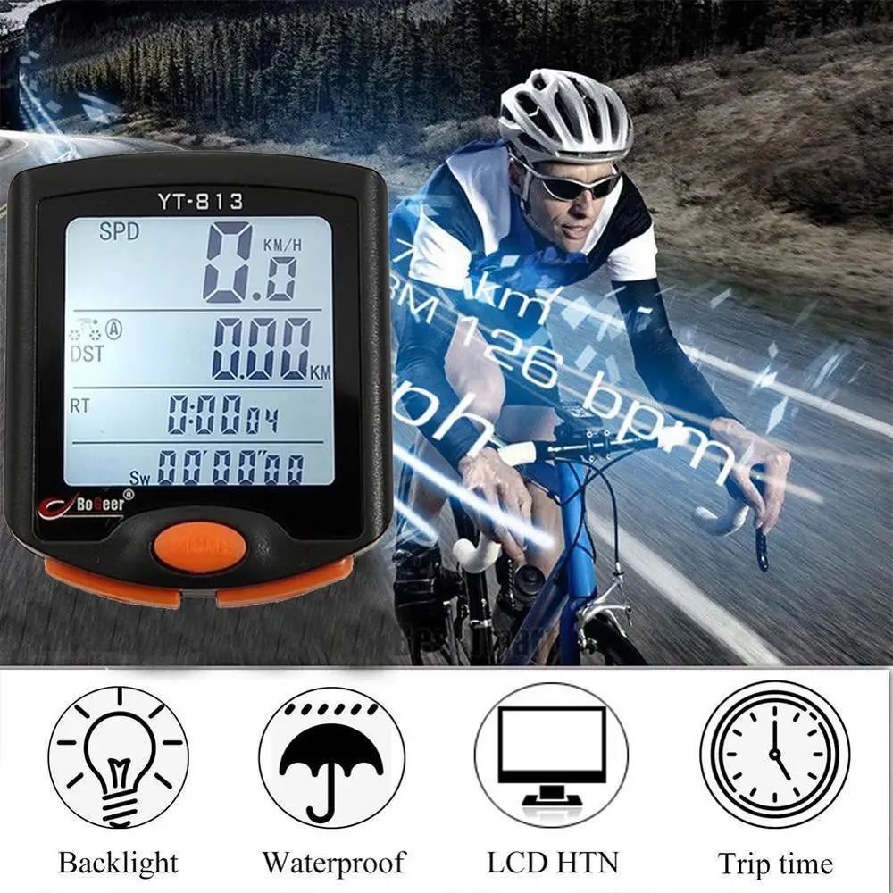 

BICYCLE COMPUTER Wireless Cycle Computer Speedometer Digital Odometer Stopwatch Thermometer Backlight Rainproof Black