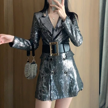 

HIGH STREET Newest Fashion 2020 Designer Blazer Women's Double Breasted Belted Sequined Long Blazer
