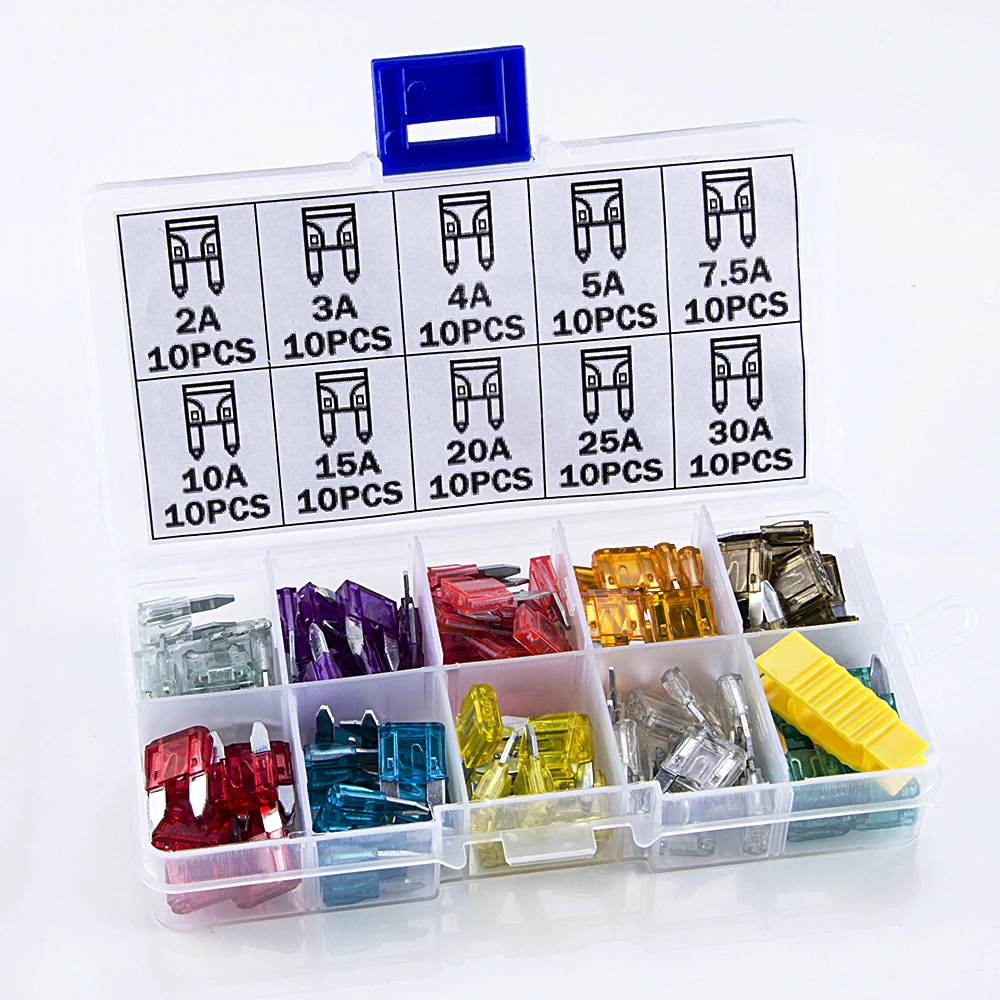 

100PCS Car Fuses 2A 3A 4A 5A 7.5A 10A 15A 20A 25A 30A Amp with Box Clip Assortment Auto Blade Type Truck fusibles amplificador