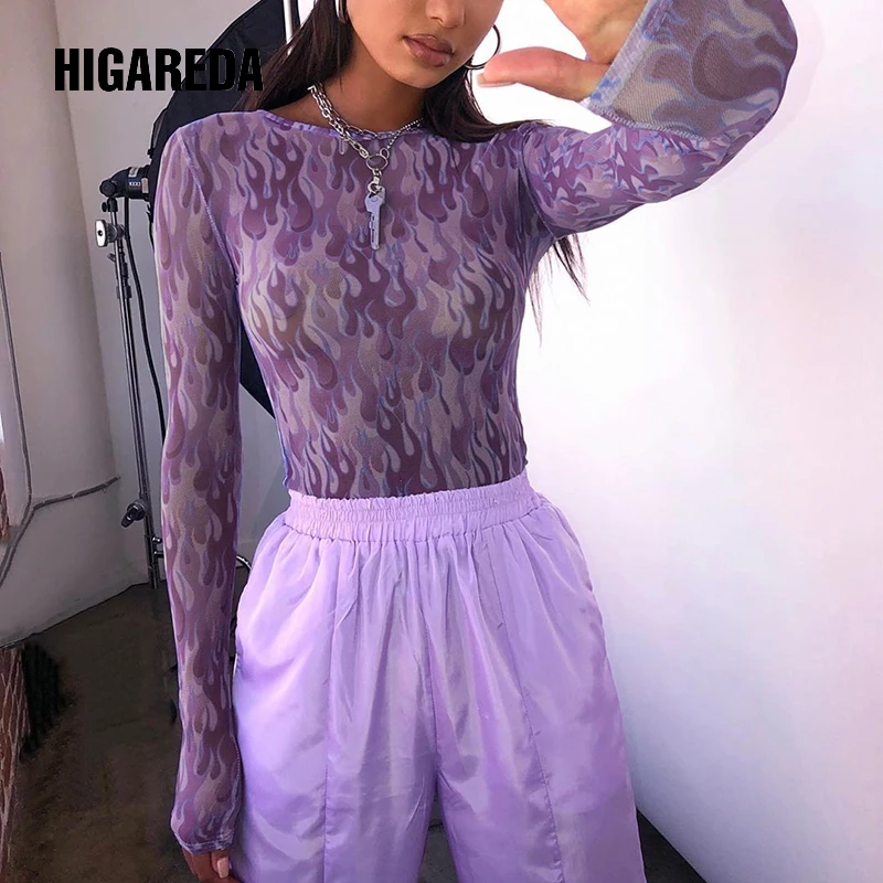 

Flame Print Sexy Mesh Bodysuit Long Sleeve Transparent Body Women Fire Pattern Bodycon Jumpsuits Ladies Streetwear