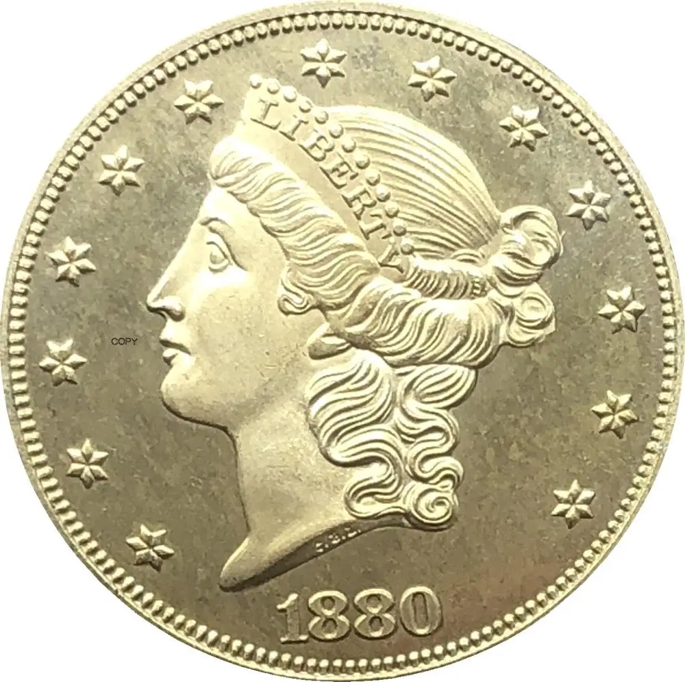 Американская голова свободы, двойной Орел, США 1880, 1880, двадцать долларов с девизом в Бог, мы доверяем золотым монетам, латунные копировальные монеты