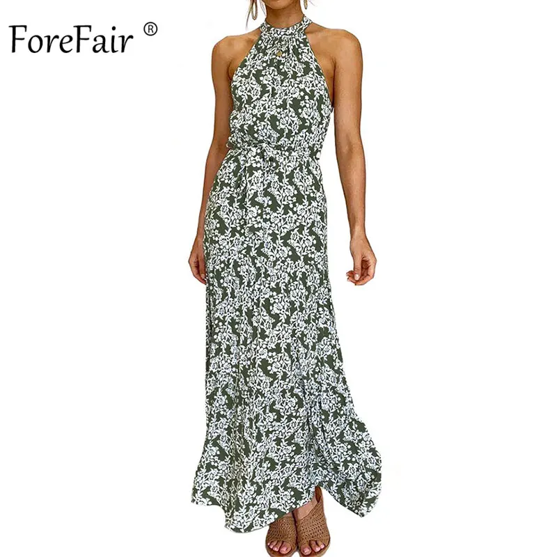 Forefair, сексуальное платье макси с открытыми плечами, в горошек, Пляжное, шифоновое, на бретельках, с поясом, повседневное, элегантное, винтажное, длинное, летнее платье для женщин - Цвет: Green Dress