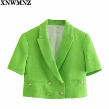 Aliexpress - XNWMNZ Women top Green Fashion textured cropped blazer Female lapel collar short sleeve double-breasted blazer coat Chic tops