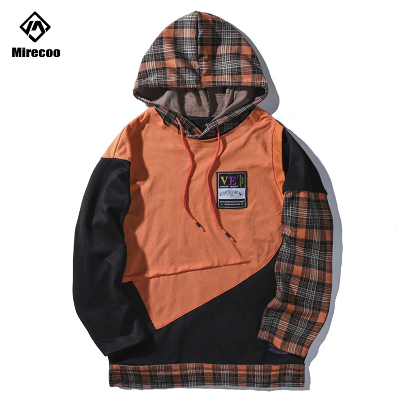 

Mirecoo Hoodie Men Streetwear Plaid Patchwork Block Sweatshirt Men Hooded Pullover Men Harajuku High Street Hip Hop Sweatshirts