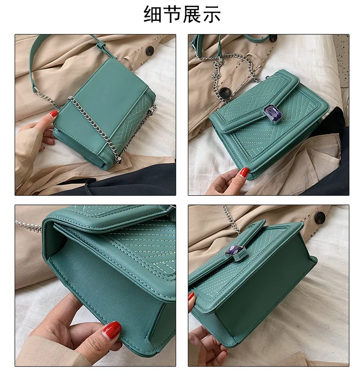 

2019 Autumn New Style WOMEN'S Bag Cool Korean-style Solid Color Square Sling Bag Gemstone Decoration Car Suture Casual WOMEN'S B