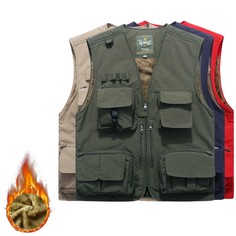 

Winter Plus velvet Men Multi-Pocket Waistcoat Male Sleeveless Unloading Coat Work Vest Photographer Tactical Masculino Jacke
