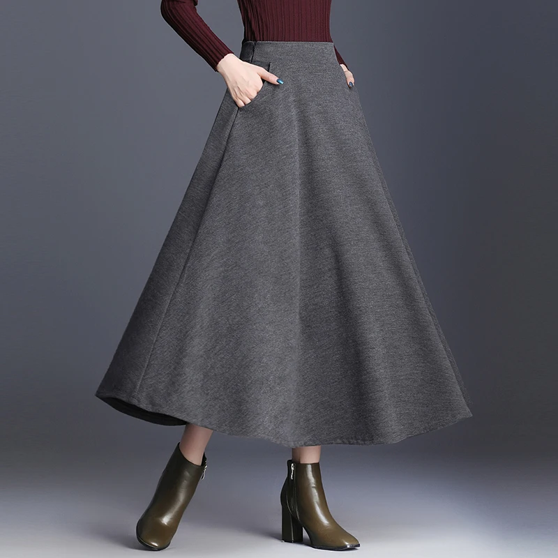 Черный, серый, плюс размер, утолщенная Зимняя шерстяная макси юбка для женщин, повседневная винтажная Женская шерстяная длинная юбка с высокой талией - Цвет: Серый