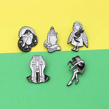 

New Black White Little Girl with Wings Cat Dancing Girl Brooch Eyes Bleeding Enamel Cartoon Character Pin Denim Clothes Lapel