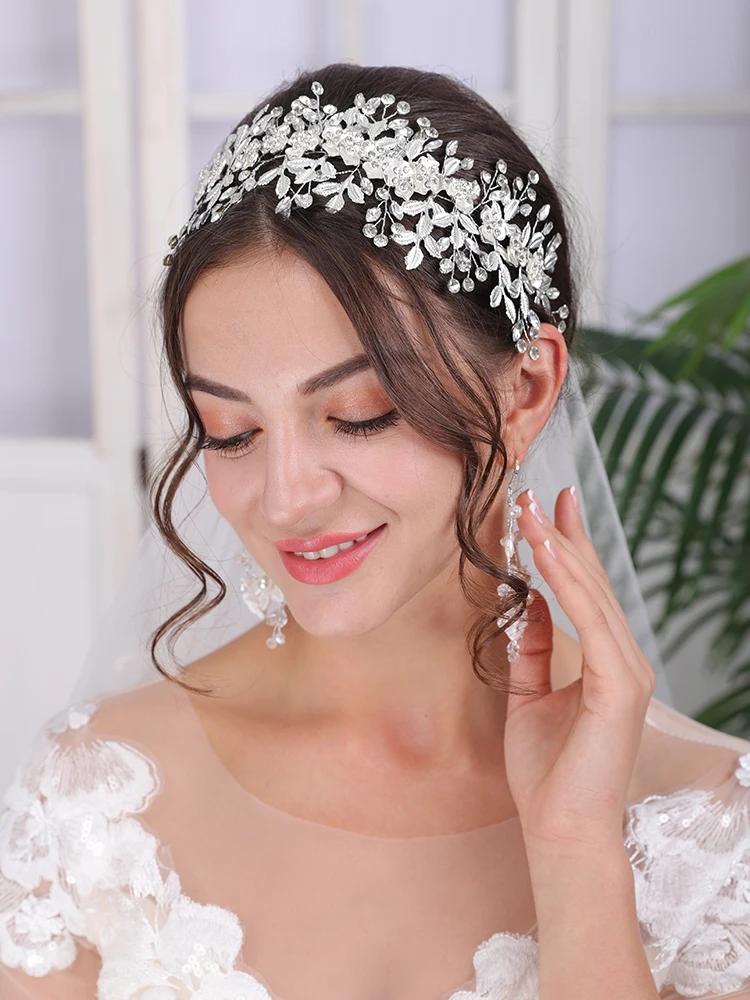 Vintage Silver Wedding Headdress Rhinestone Luxury Headband Handmade Women Hair Ornaments Tiara Wedding Hair Accessories
