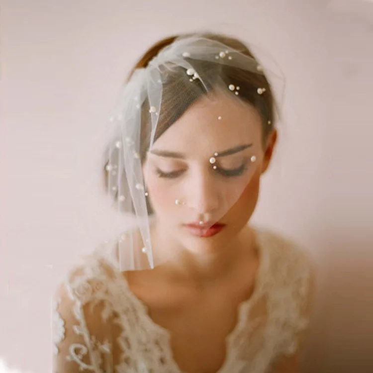 Wedding Veil Tulle Blusher Pearls One Layer Beaded Womens Bridal Accessories for Bride Girls