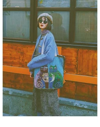2022 Fashion Cat China Traditional Canvas Tote Bag Patchwork Cartoon Print Big Capacity Travel Canvas Shoulder Shopping Bag