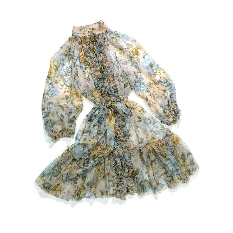 

High Quality Designer Clothes Women 2021 Summer New Lantern Sleeve Elegant 100% Crinkle Silk Loose Mini Dresses