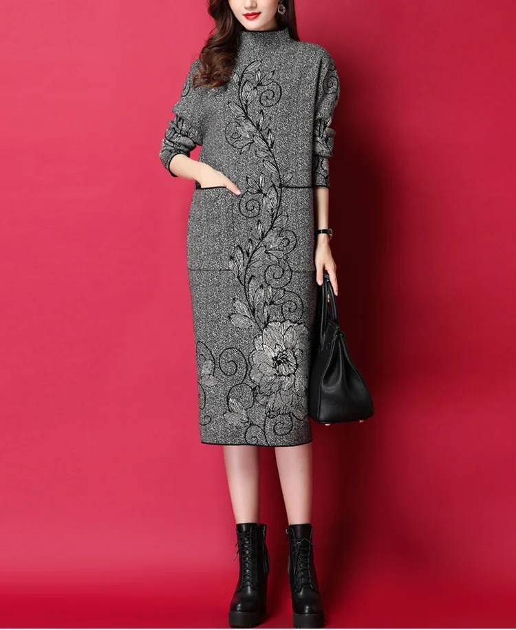 Новинка, элегантное свободное вязаное женское платье большого размера с высоким воротом, осенне-зимний длинный свитер, женские базовые жаккардовые платья