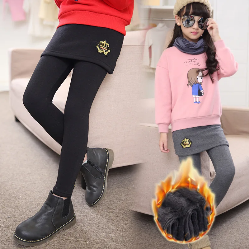 Childrenswear Girls Children Autumn And Winter Cotton plus Thick Velvet Mock Two-Piece Culottes Leggings Warm Pants Fashion