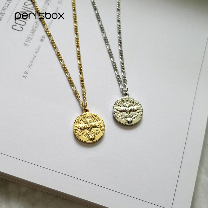 

Peri'sbox 18mm Gold Vintage Veni Sancte Spiritus Coin Necklace Religious Disc Pendant Necklaces Medallion Statement Necklaces