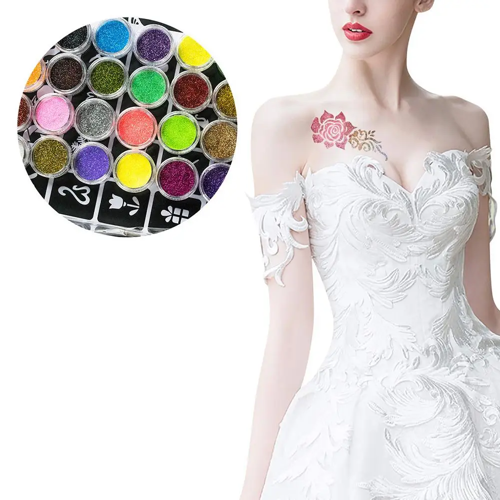 Glitter Tattoo Kits 24 Color 125 Templates Flash Diamond Flash for Temporary Tattoo Set Kids Face Body Painting Art Tools Set