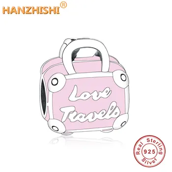 

Wholesale Price Fit Charm Bracelet 925 Sterling Silver Bead Charm Pink Enamel Travel Bag Suitcase Love Travels Bead DIY Jewelry