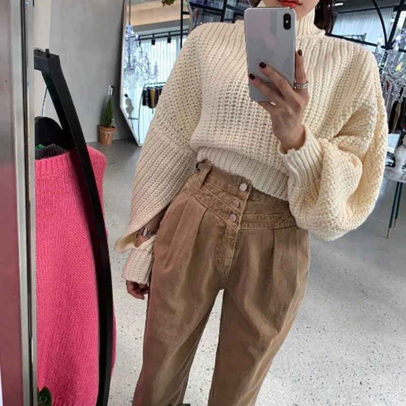 Beige Sweater RICININA, вязаный женский свитер, водолазка, джемпер на пуговицах, одежда с обеих сторон, однотонный Повседневный женский свитер, пуловер с длинным рукавом - Цвет: Beige Sweater
