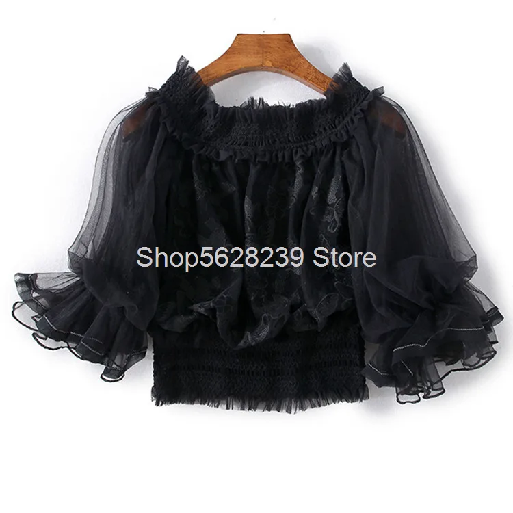 

2020 Season Temperament Elegant Lantern Sleeve Fringe Wrinkles Loose Bat Lace Shirt Female