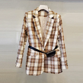 

New Spring Fashion Autumn Women Plaid Blazers Jackets Work Office Lady Suit Slim Business Female Blazer Coat Talever With Sashes
