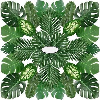 

68 Pieces 8 Kinds Tropical Party Decorations Jungle Monstera Leaves , Artificial Palm Leaves with Faux Stem