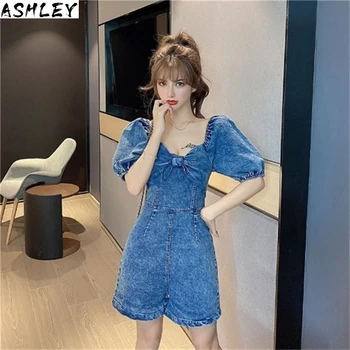 

Shirts For Denim Women Puff Sleeve Square Collar Patchwork Ruffle Streetwear Shirts Female 2020 Spring Fashion New