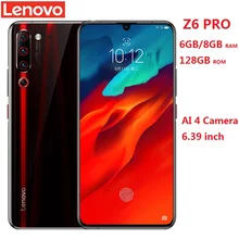 Lenovo Z6 Pro, 6,39 дюймов, большой экран, 4G, смартфон, 6 ГБ/8 ГБ+ 128 Гб, Android 9,0, Восьмиядерный процессор Snapdragon, 48 МП, 4 тыловая камера, мобильный телефон