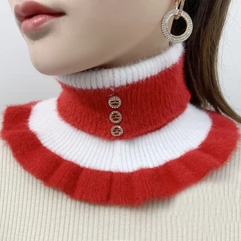 겨울 두꺼운 밍크 벨벳 프릴 탄성 거짓 칼라 풀오버 따뜻한 스카프 여성 양모 니트 스트라이프 다이아몬드 목 보호대 Snood Q80