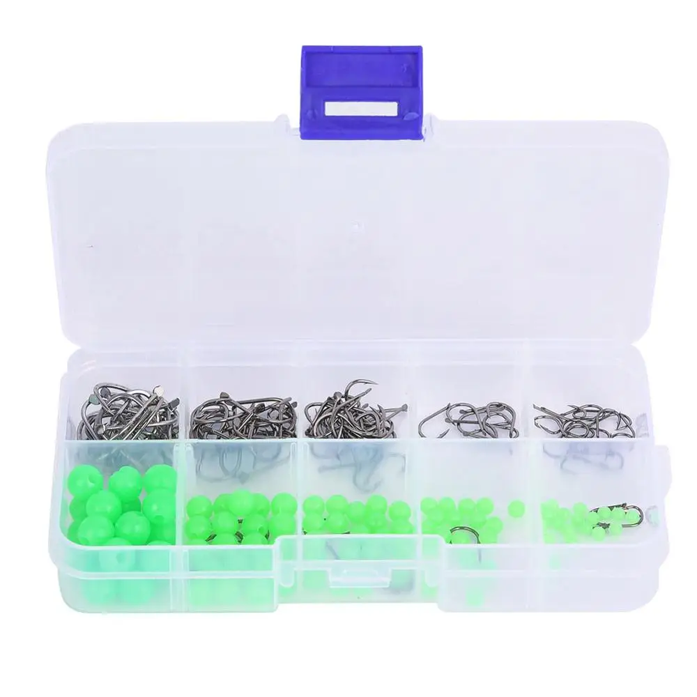 190 pcs Non-Slip Luminous Beads+ Fishing Hooks with Plastic Storage Box for Saltwater Freshwat