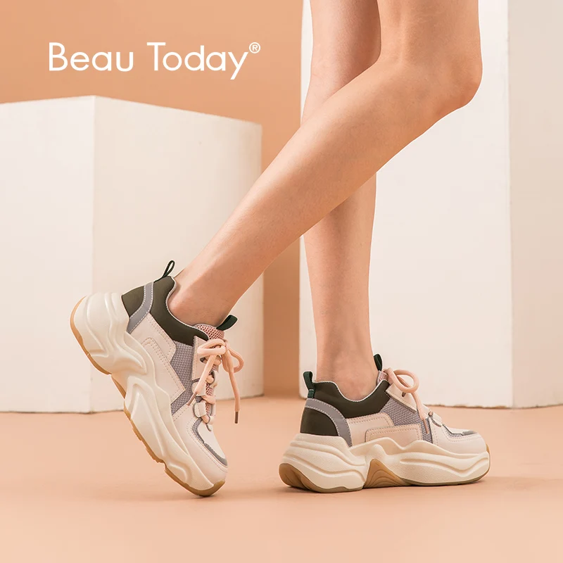 Baratos BeauToday zapatillas gruesas de cuero genuino de vaca de mujer con plataforma Retro de plataforma de cuña Zapatos de moda de colores mezclados hechos a mano 29324