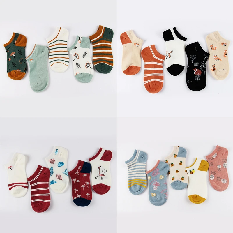 5 пар/партия, летние женские Мультяшные короткие носки для девочек Забавные милые хлопковые носки с рюшами и рисунком лисы, лисы, ананаса, кролика