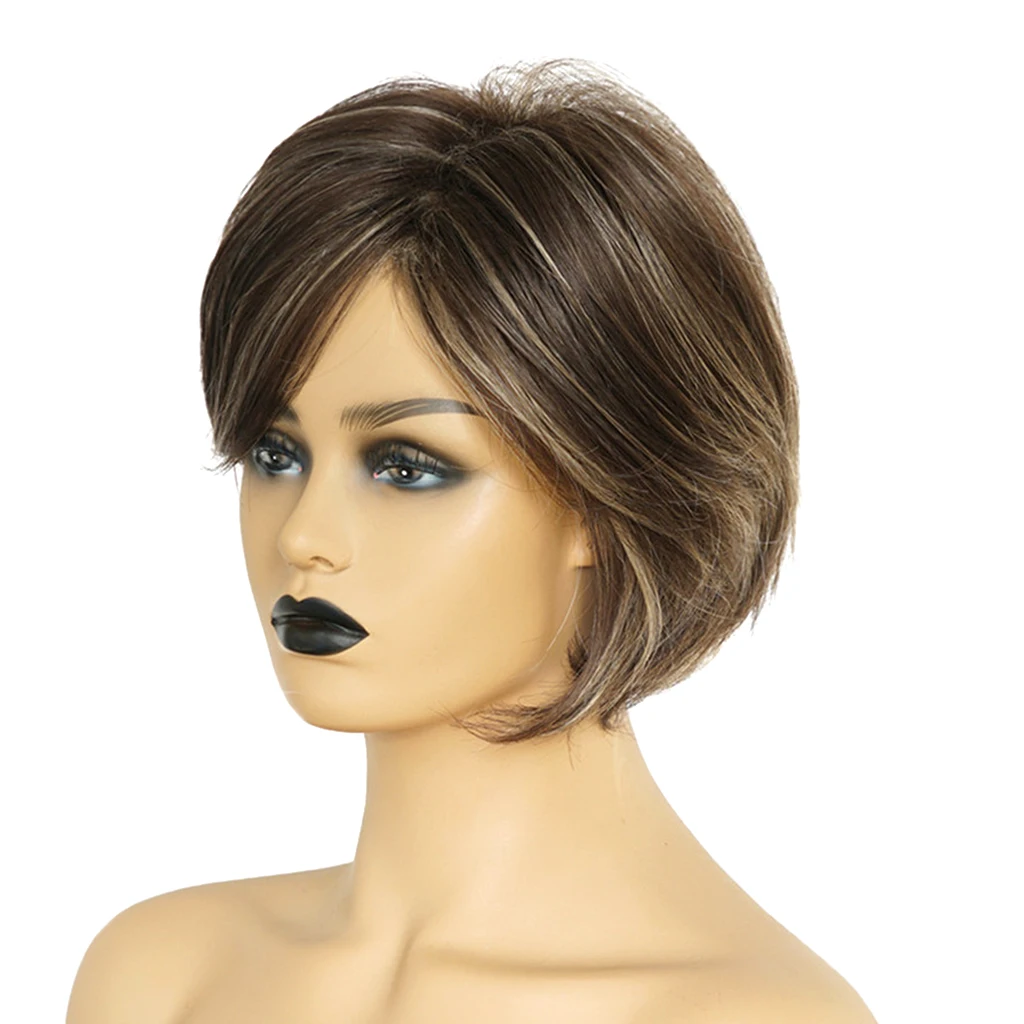 Chic Short Straight Pixie Cut Full Hair Wig Natural Human Hair Wigs w/ Bangs For Fashion Women Cosplay Costume Wig
