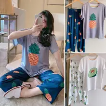 

Women Loose Pineapple Avocado Fruit Short Sleeve T-shirt Top Pants Pajama Set