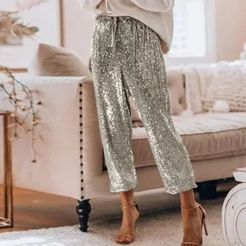 

Gold Sequin Shiny Wide Beam Leg Pants Women Casual Club Party Harem Pants High Waist Lace Up Trousers Streetwear pantalon femme