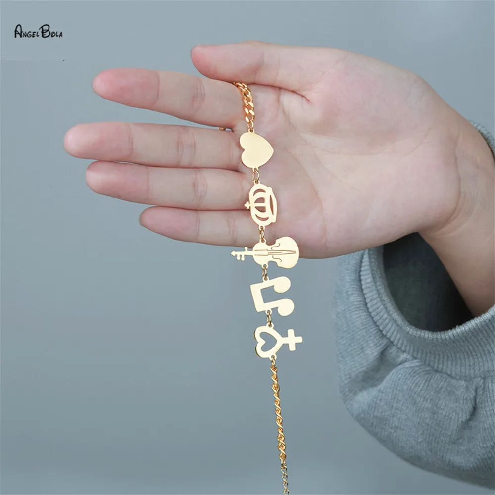 New Fashion Music Element Symbol Crown Violin Stainless Steel Charm Pendant Bracelet Female Link Chain Gold Color Heart | Украшения и