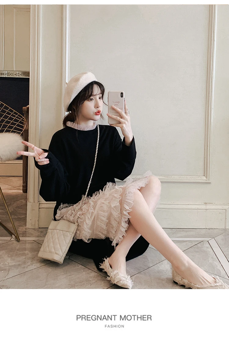 New Arrive Winter Maternity Dress Woman Lace Patchwork Large Size Dresses Pregnant Woman Clothing MD-01578