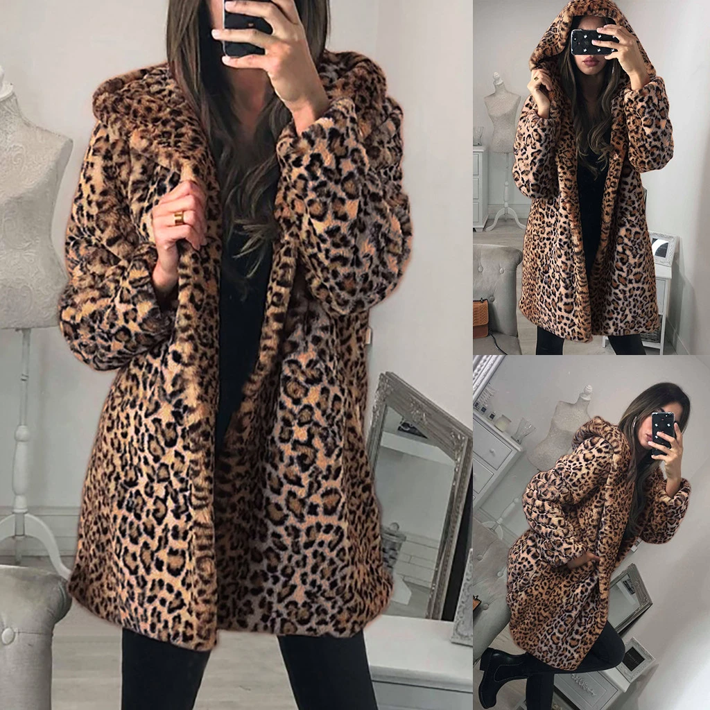 CHAMSGEND Oversized Leopard Long Jacket Coat Women Winter Ladies Overcoat Hooded Outerwear Plus Size Warm Faux Fur 1024