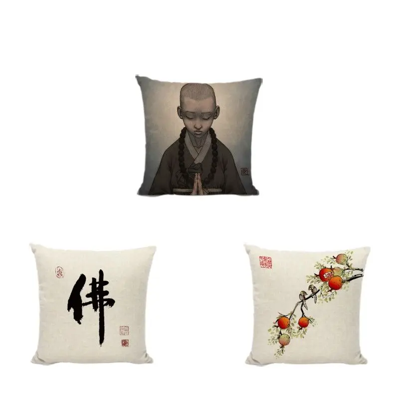 Zen Throw Pillow Cases Chinese Character Buddhist Monk For Sofa Home