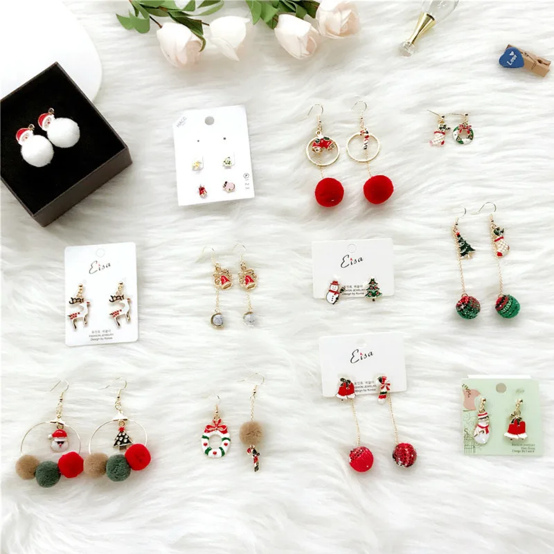 

SP&CITY Lovely Christmas Tree Dangle Earrings For Women Bell Snowman Fluff Ball Girl Earrings Stud Silver Earring Christmas Gift