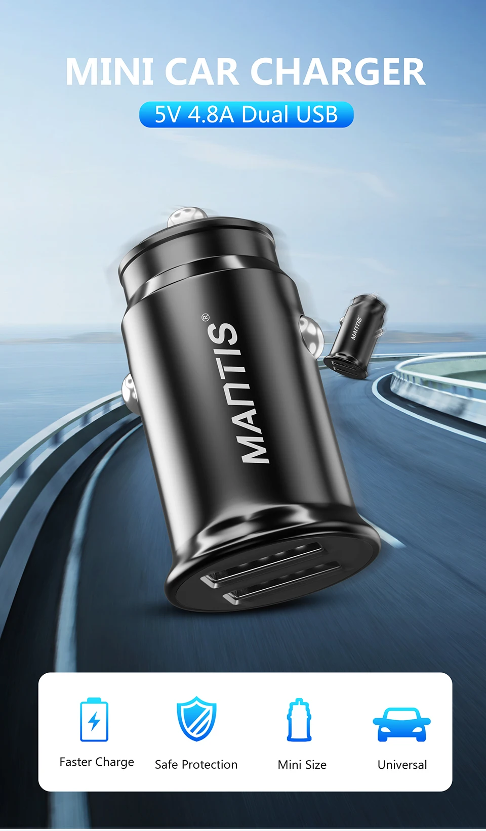 MANTIS 4.8A Мини Автомобильное зарядное устройство Быстрая зарядка двойной USB Автомобильное зарядное устройство для iphone samsung S8 S9 S10 адаптер планшета для мобильного телефона в автомобиле