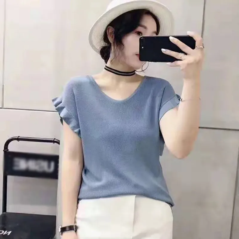 

Ice Silk T-Shirt Women's Fashion V Neck Solid Short Sleeve Knitted Pullover Ruffles Casual Regular Clothing Length