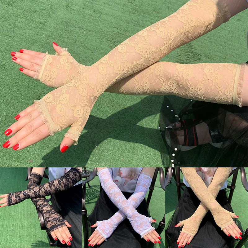 Women Summer Arm Sleeves Gloves Sexy Lace Flowers Gloves Fingerless Mittens Covered Scar Elastic Sleeve Driving Sunscreen Gloves