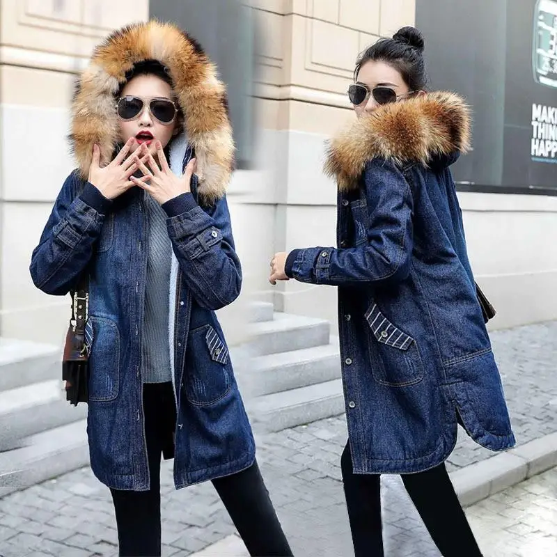 

Plus Size 5Xl European Ladies Winter Hooded Jeans Coat Big Fur Collar Jeans Jacket Female Warm Wool Denim Jacket