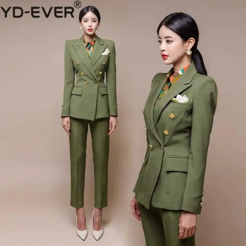 Модный Зеленый Женский блейзер и брюки офисный женский двубортный приталенный