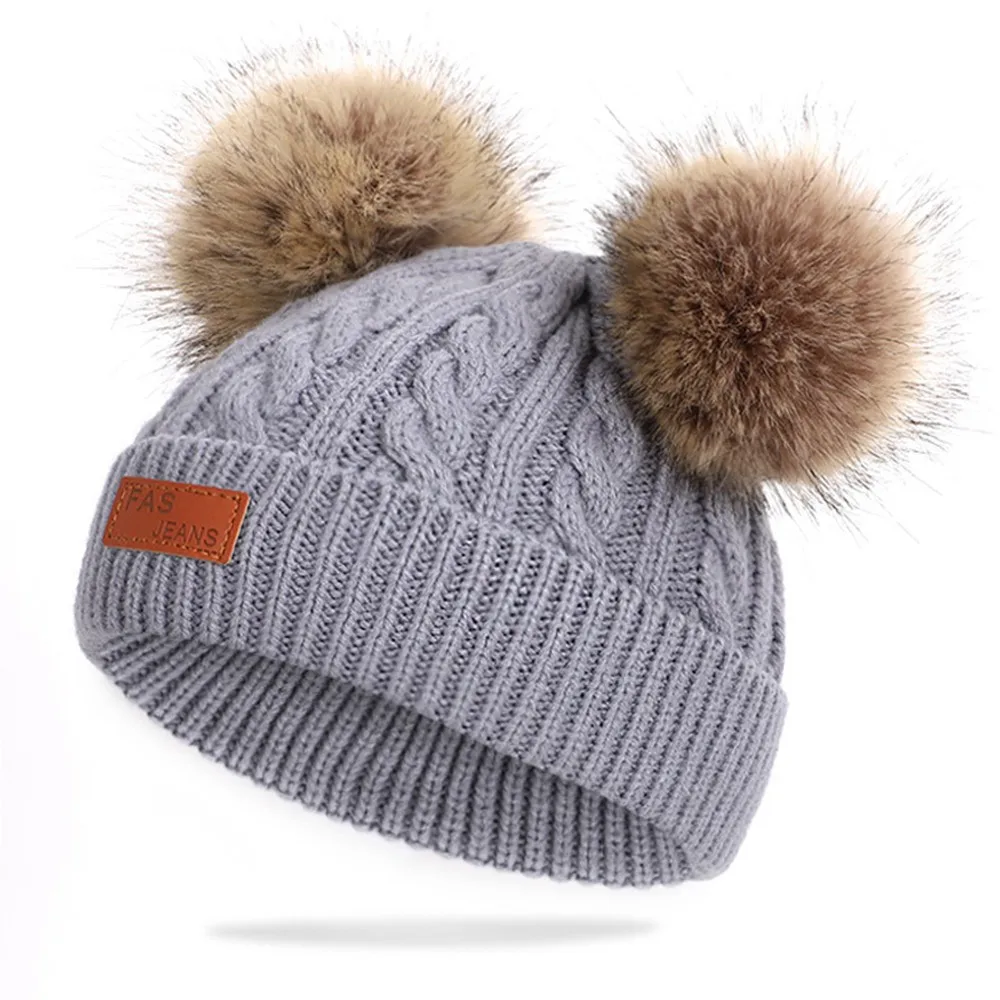 C2043-16Gray 2 шапки, шарф, теплая вязаная шапка, шапка для мальчиков и девочек, Теплый Бархатный шарф, зимние аксессуары, теплая шапка в горошек - Цвет: C2043-16Gray