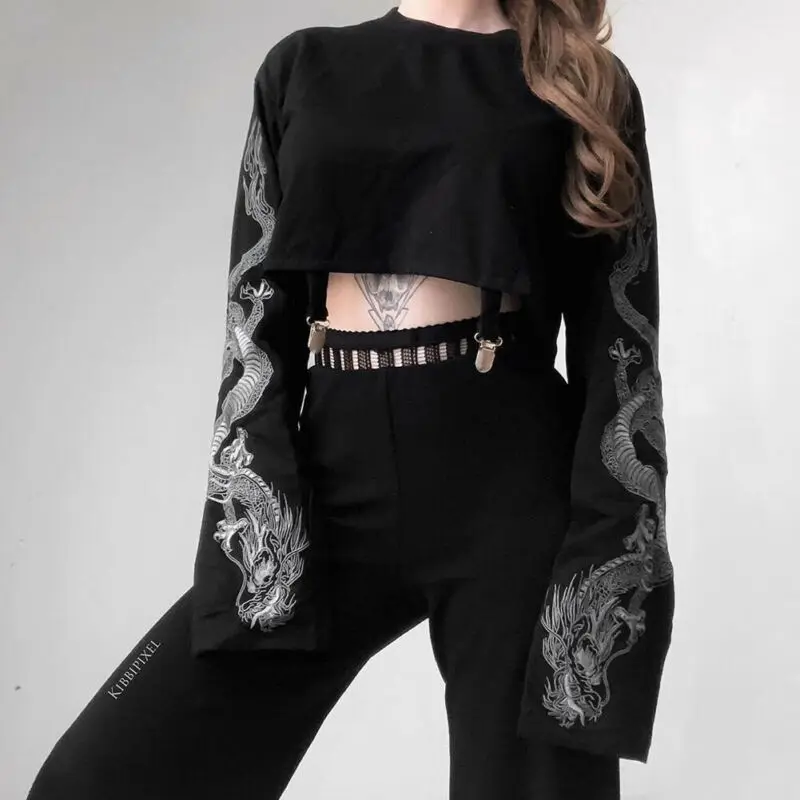 Gothic Punk Cool Girl Dragon Pattern t shirts Long Sleeve Suspenders Women T-Shirt Crew Neck Black Crop Top Autumn Pullover